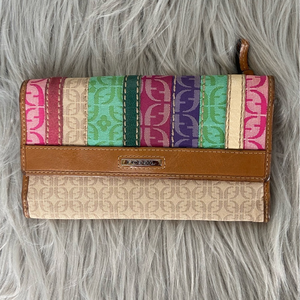 Fossil‎ Checkbook Wallet Card Holder Fabric Leather Trim